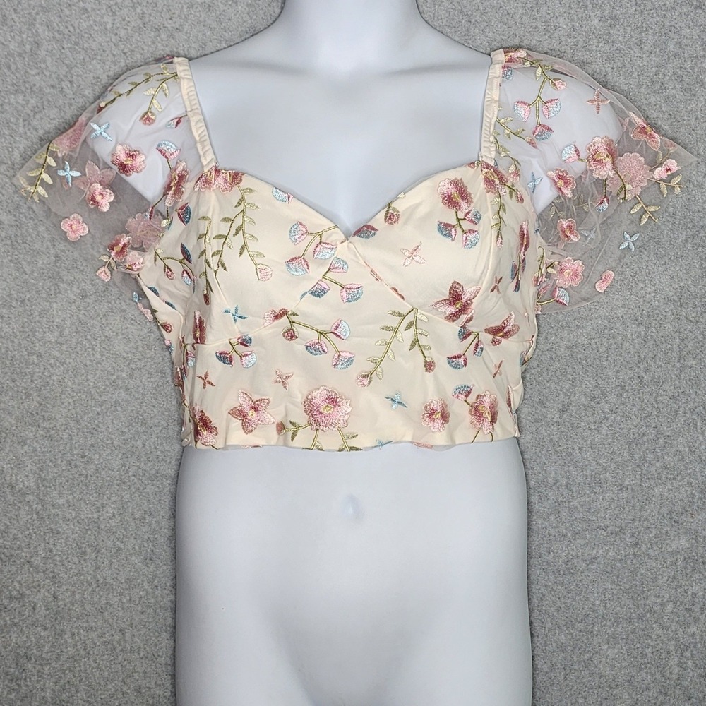 Altar'd State Crop Top Womens XL Cream Pink Floral Embroidered Mesh Boho Top NEW